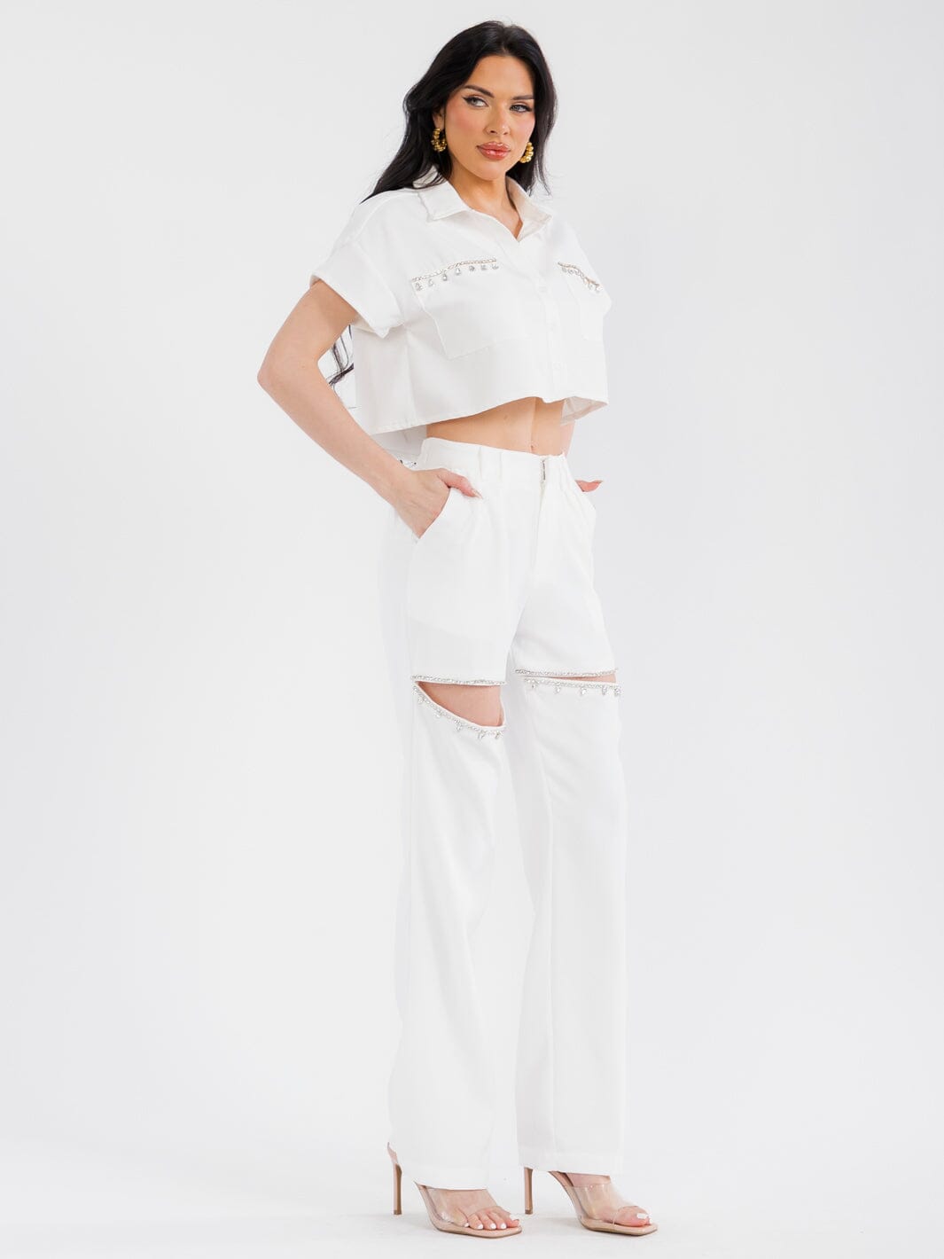 WOMEN'S SHORT SLEEVE TOP & BUTTON CLOSURE PANTS STUDS CUT OUT 2PC. SET