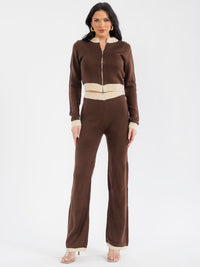 WOMEN'S LONG SLEEVE ZIP UP SWEATER & ELASTIC WAIST STRAIGHT LEG PANTS COLORBLOCK KNIT 2PC. SET
