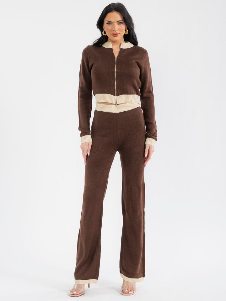 WOMEN'S LONG SLEEVE ZIP UP SWEATER & ELASTIC WAIST STRAIGHT LEG PANTS COLORBLOCK KNIT 2PC. SET