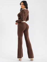 WOMEN'S LONG SLEEVE ZIP UP SWEATER & ELASTIC WAIST STRAIGHT LEG PANTS COLORBLOCK KNIT 2PC. SET