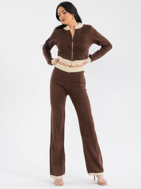 WOMEN'S LONG SLEEVE ZIP UP SWEATER & ELASTIC WAIST STRAIGHT LEG PANTS COLORBLOCK KNIT 2PC. SET