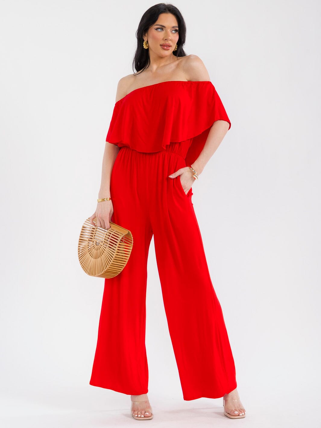 WOMEN'S SHORT SLEEVE ELASTIC WAIST POCKETS WIDE LEG JUMPSUIT