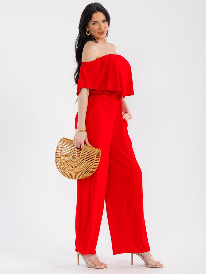 WOMEN'S SHORT SLEEVE ELASTIC WAIST POCKETS WIDE LEG JUMPSUIT