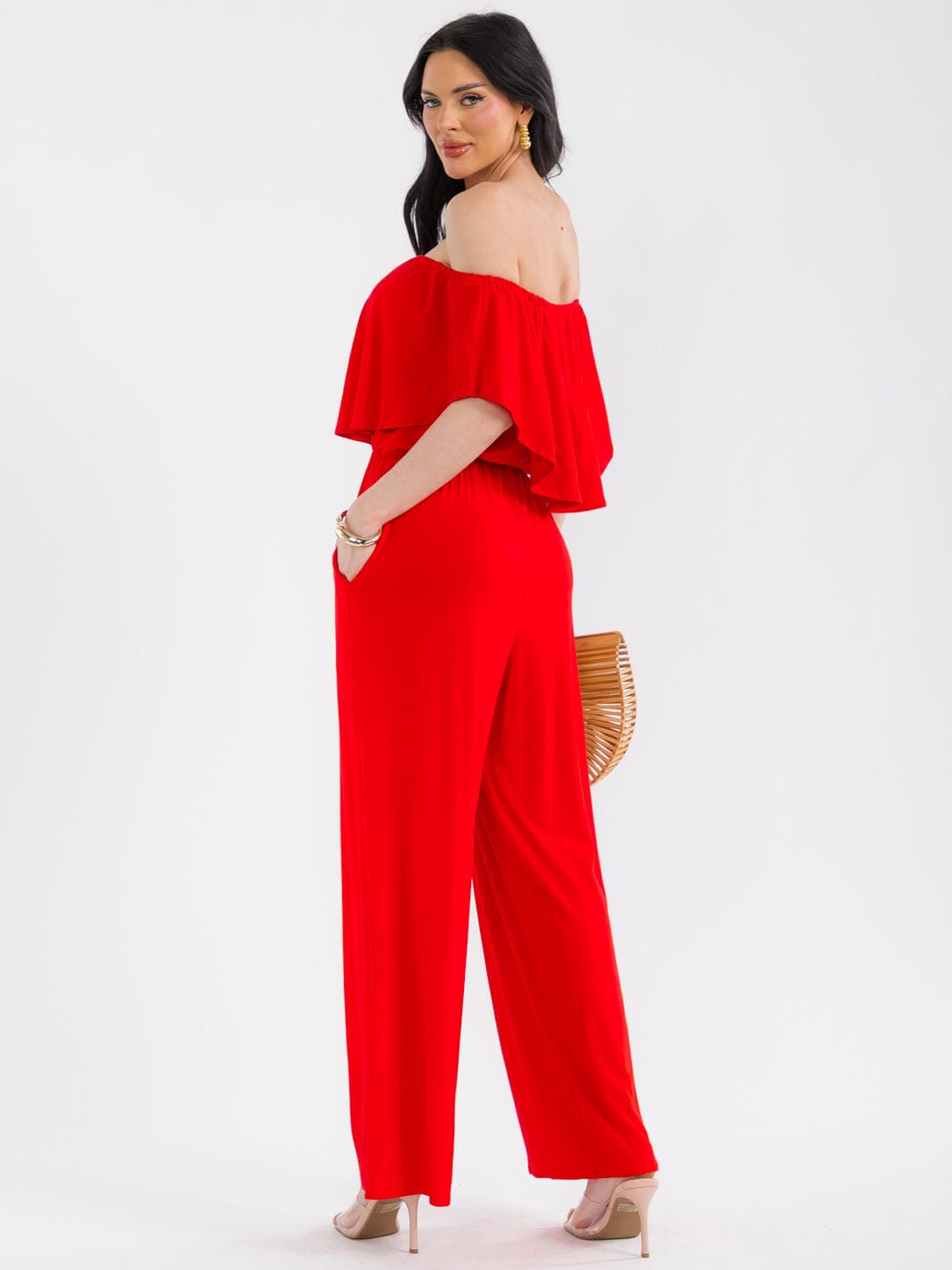 WOMEN'S SHORT SLEEVE ELASTIC WAIST POCKETS WIDE LEG JUMPSUIT