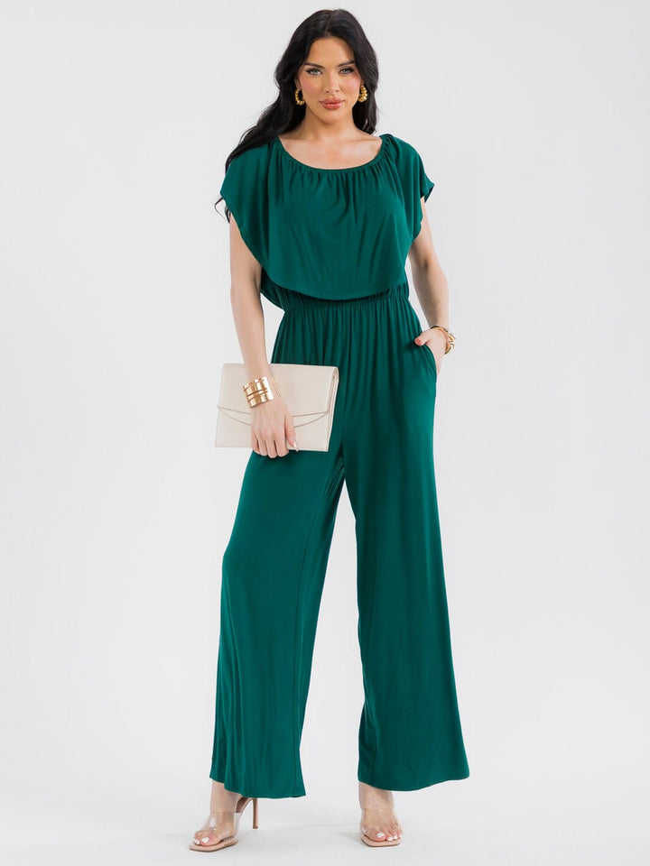 WOMEN'S SHORT SLEEVE ELASTIC WAIST POCKETS WIDE LEG JUMPSUIT