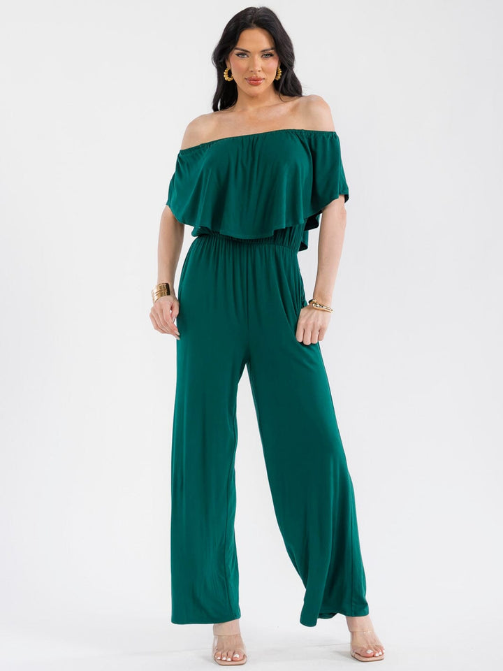 WOMEN'S SHORT SLEEVE ELASTIC WAIST POCKETS WIDE LEG JUMPSUIT