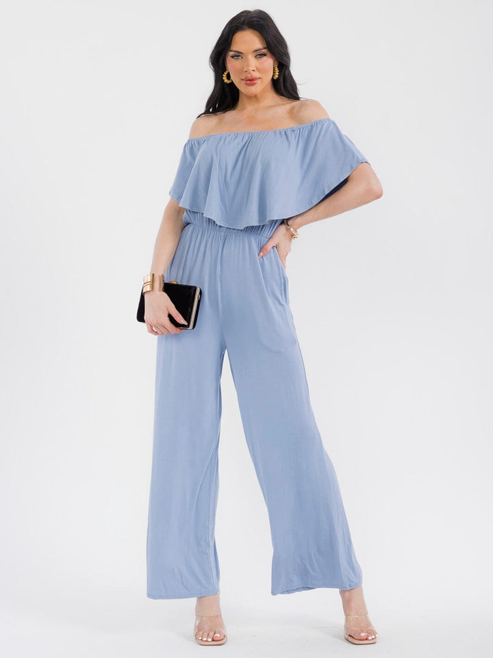 WOMEN'S SHORT SLEEVE ELASTIC WAIST POCKETS WIDE LEG JUMPSUIT