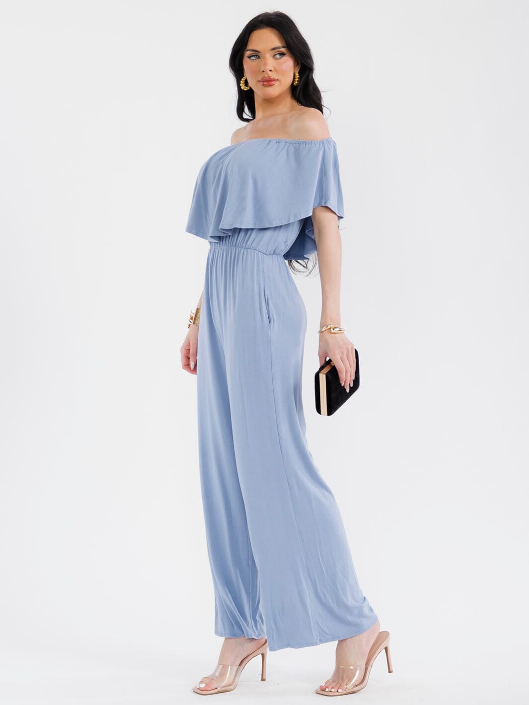 WOMEN'S SHORT SLEEVE ELASTIC WAIST POCKETS WIDE LEG JUMPSUIT