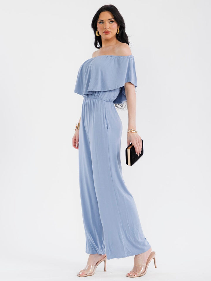 WOMEN'S SHORT SLEEVE ELASTIC WAIST POCKETS WIDE LEG JUMPSUIT