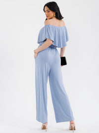 WOMEN'S SHORT SLEEVE ELASTIC WAIST POCKETS WIDE LEG JUMPSUIT
