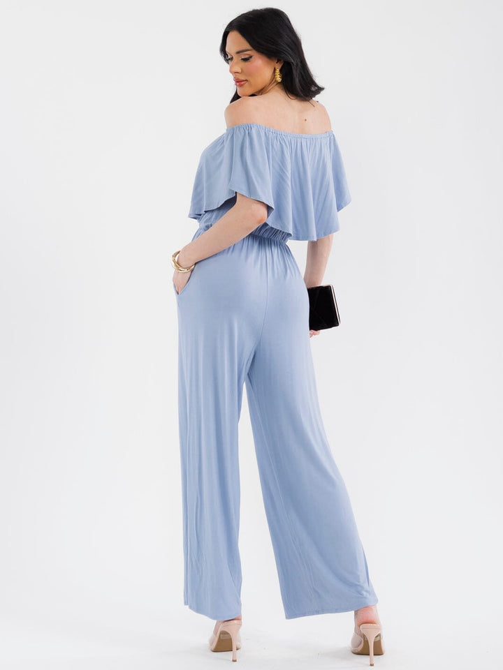 WOMEN'S SHORT SLEEVE ELASTIC WAIST POCKETS WIDE LEG JUMPSUIT