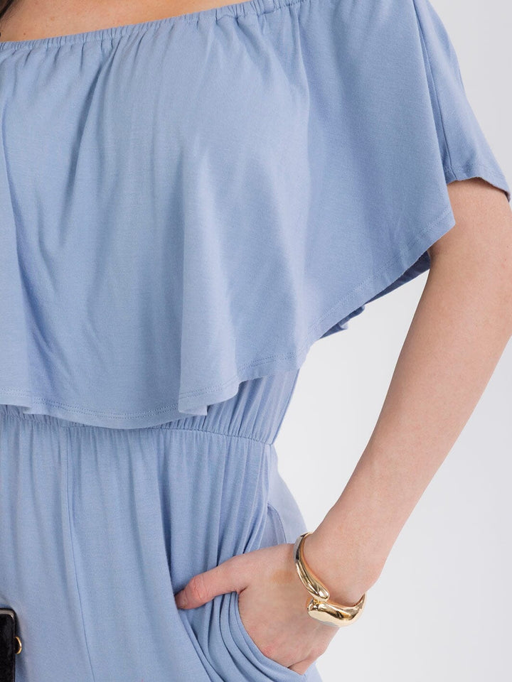 WOMEN'S SHORT SLEEVE ELASTIC WAIST POCKETS WIDE LEG JUMPSUIT