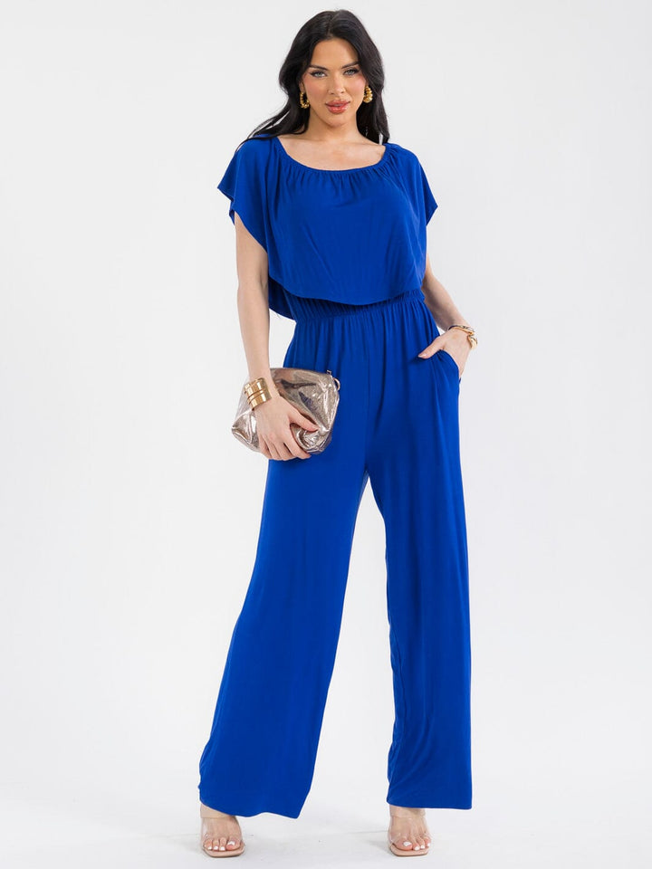 WOMEN'S SHORT SLEEVE ELASTIC WAIST POCKETS WIDE LEG JUMPSUIT