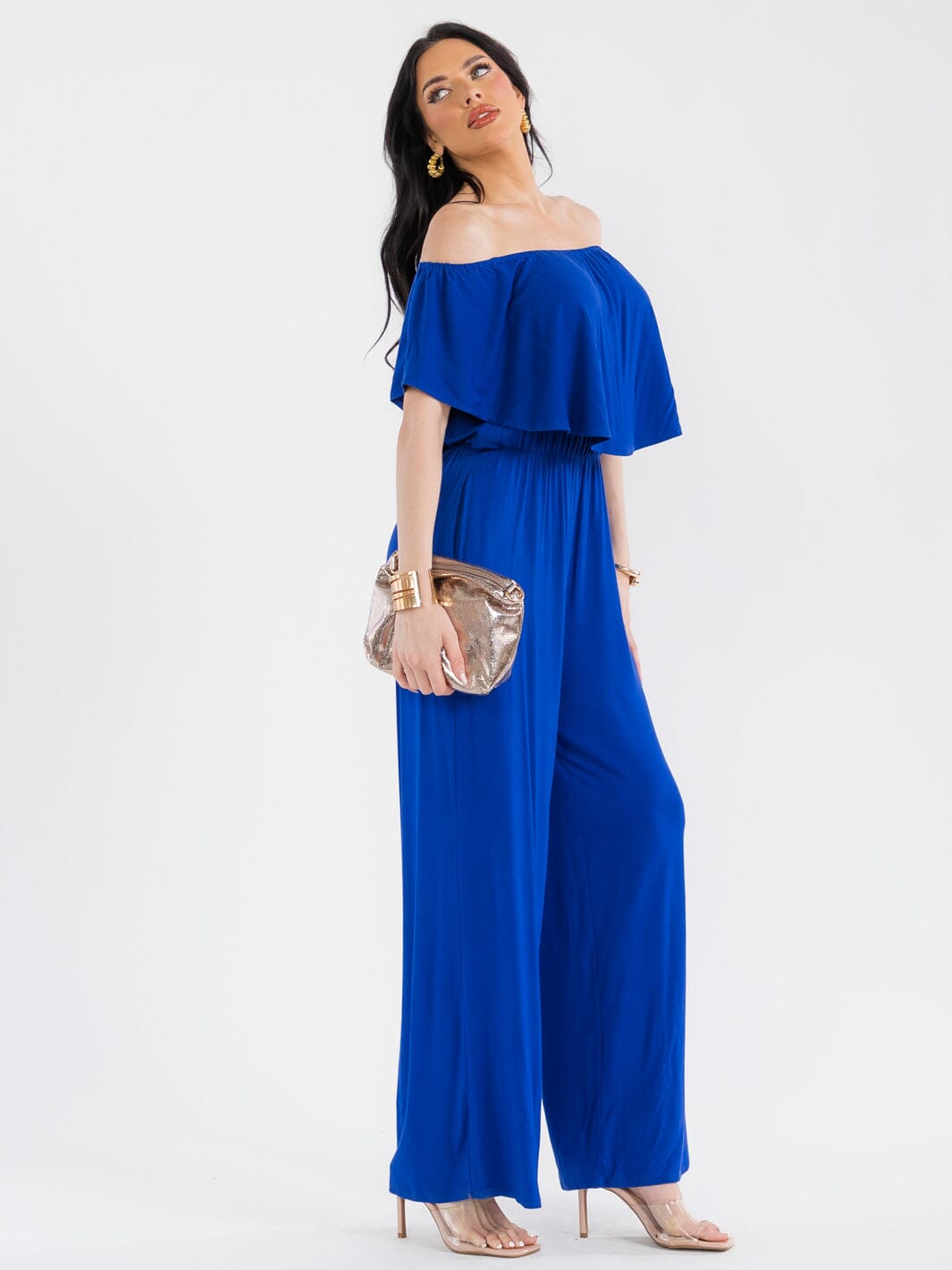 WOMEN'S SHORT SLEEVE ELASTIC WAIST POCKETS WIDE LEG JUMPSUIT