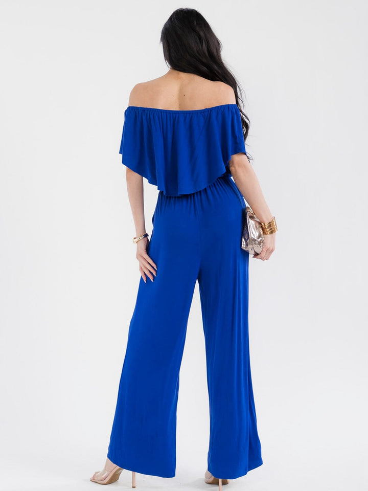 WOMEN'S SHORT SLEEVE ELASTIC WAIST POCKETS WIDE LEG JUMPSUIT