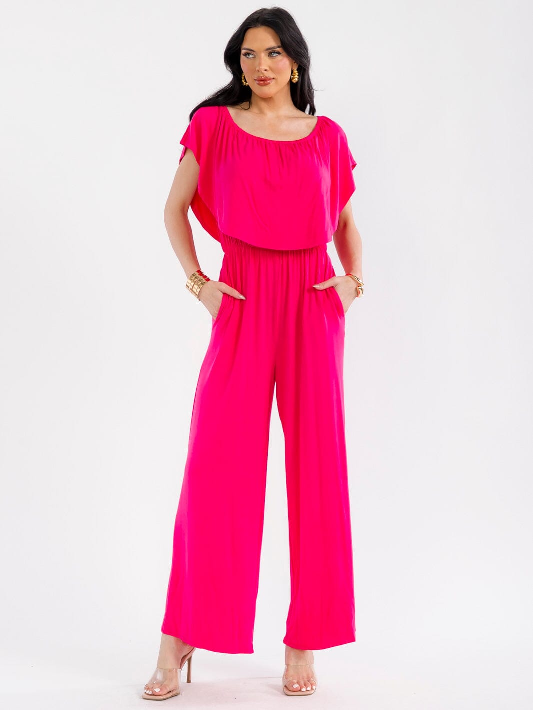 WOMEN'S SHORT SLEEVE ELASTIC WAIST POCKETS WIDE LEG JUMPSUIT