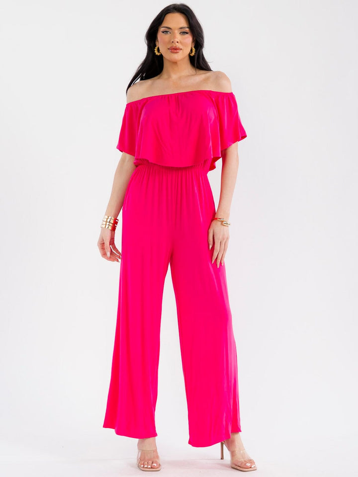 WOMEN'S SHORT SLEEVE ELASTIC WAIST POCKETS WIDE LEG JUMPSUIT