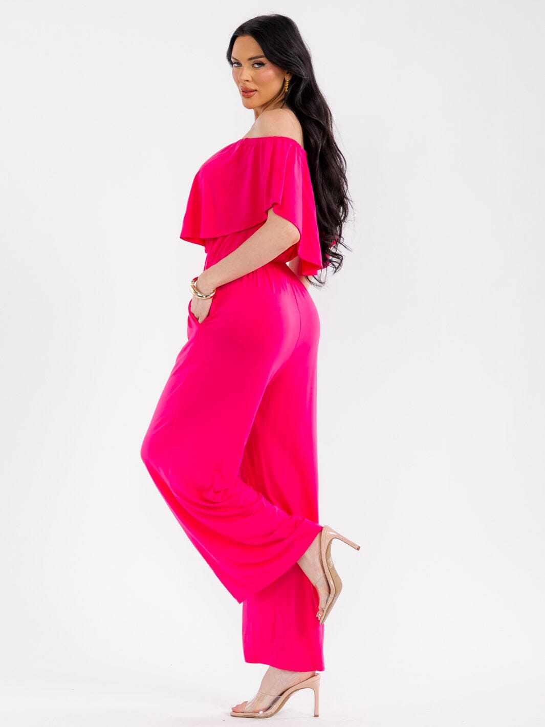 WOMEN'S SHORT SLEEVE ELASTIC WAIST POCKETS WIDE LEG JUMPSUIT