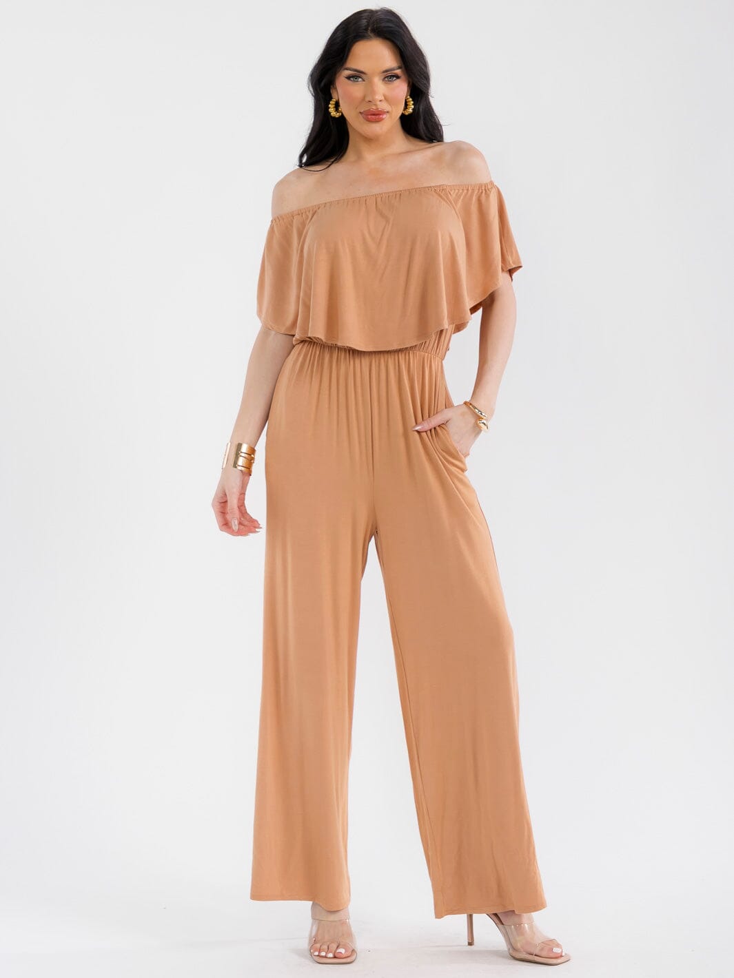 WOMEN'S SHORT SLEEVE ELASTIC WAIST POCKETS WIDE LEG JUMPSUIT