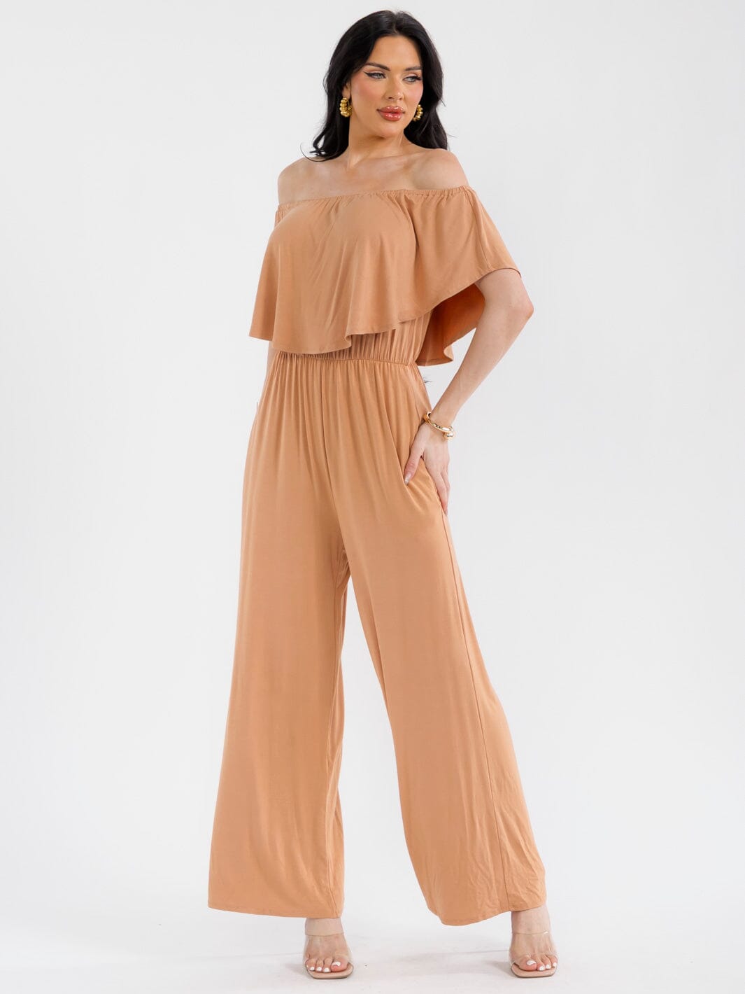 WOMEN'S SHORT SLEEVE ELASTIC WAIST POCKETS WIDE LEG JUMPSUIT