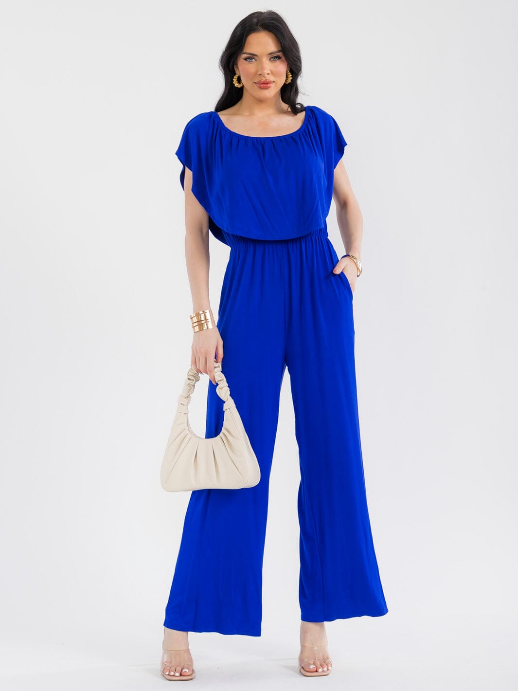 WOMEN'S SHORT SLEEVE ELASTIC WAIST POCKETS WIDE LEG JUMPSUIT