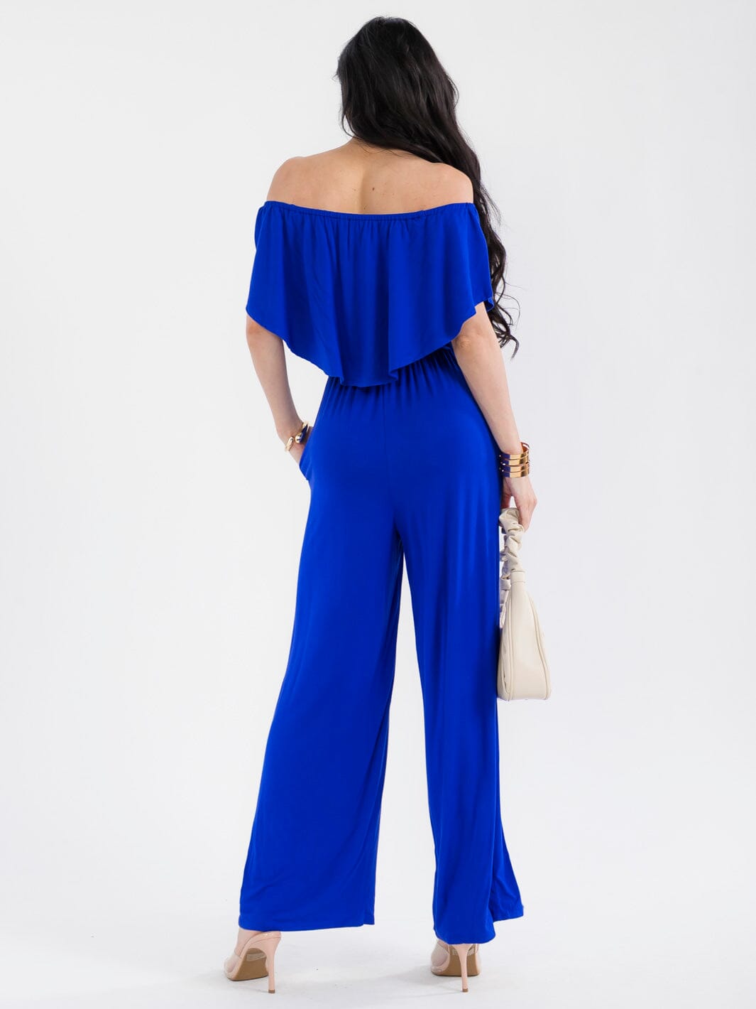 WOMEN'S SHORT SLEEVE ELASTIC WAIST POCKETS WIDE LEG JUMPSUIT