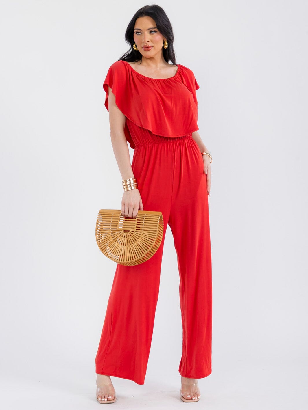 WOMEN'S SHORT SLEEVE ELASTIC WAIST POCKETS WIDE LEG JUMPSUIT