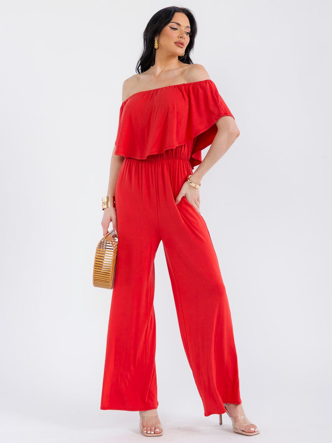 WOMEN'S SHORT SLEEVE ELASTIC WAIST POCKETS WIDE LEG JUMPSUIT