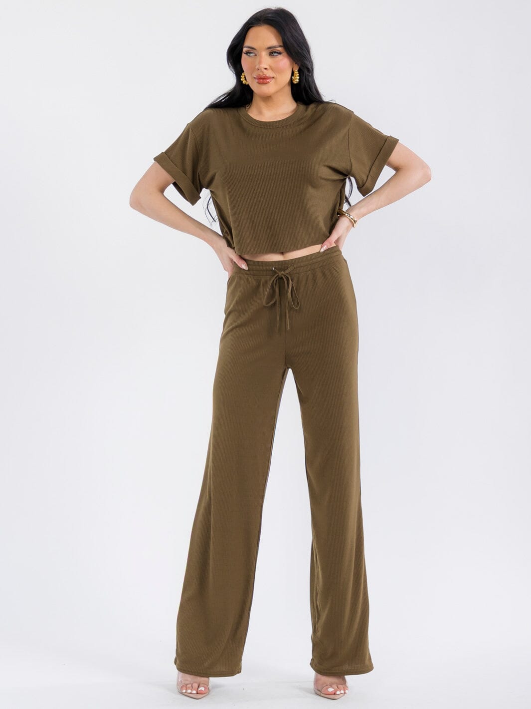 WOMEN'S ELASTIC WAIST SELF TIE RIBBED WIDE LEG PANTS