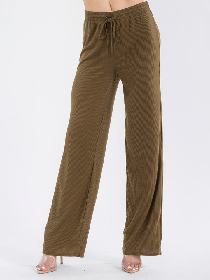 WOMEN'S ELASTIC WAIST SELF TIE RIBBED WIDE LEG PANTS