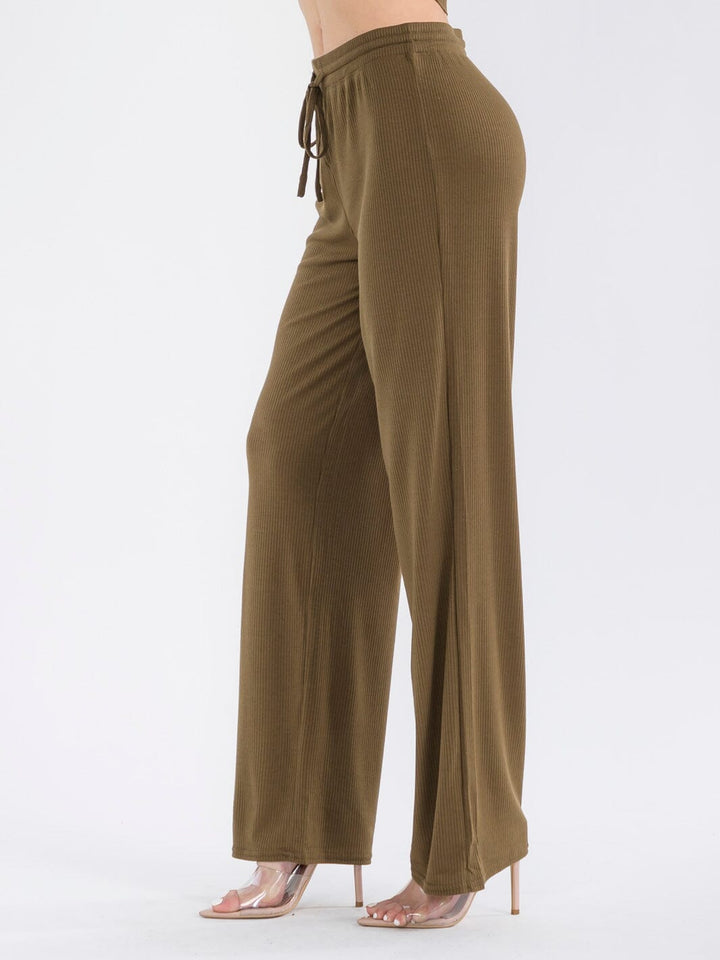 WOMEN'S ELASTIC WAIST SELF TIE RIBBED WIDE LEG PANTS