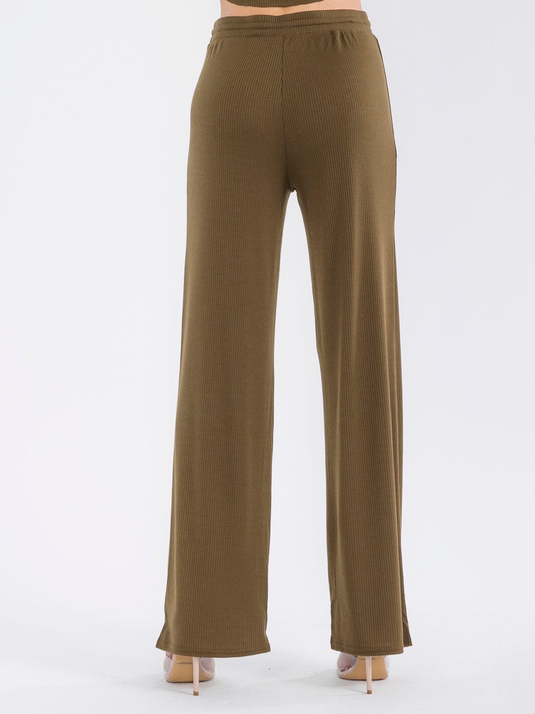 WOMEN'S ELASTIC WAIST SELF TIE RIBBED WIDE LEG PANTS