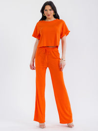 WOMEN'S ELASTIC WAIST SELF TIE RIBBED WIDE LEG PANTS