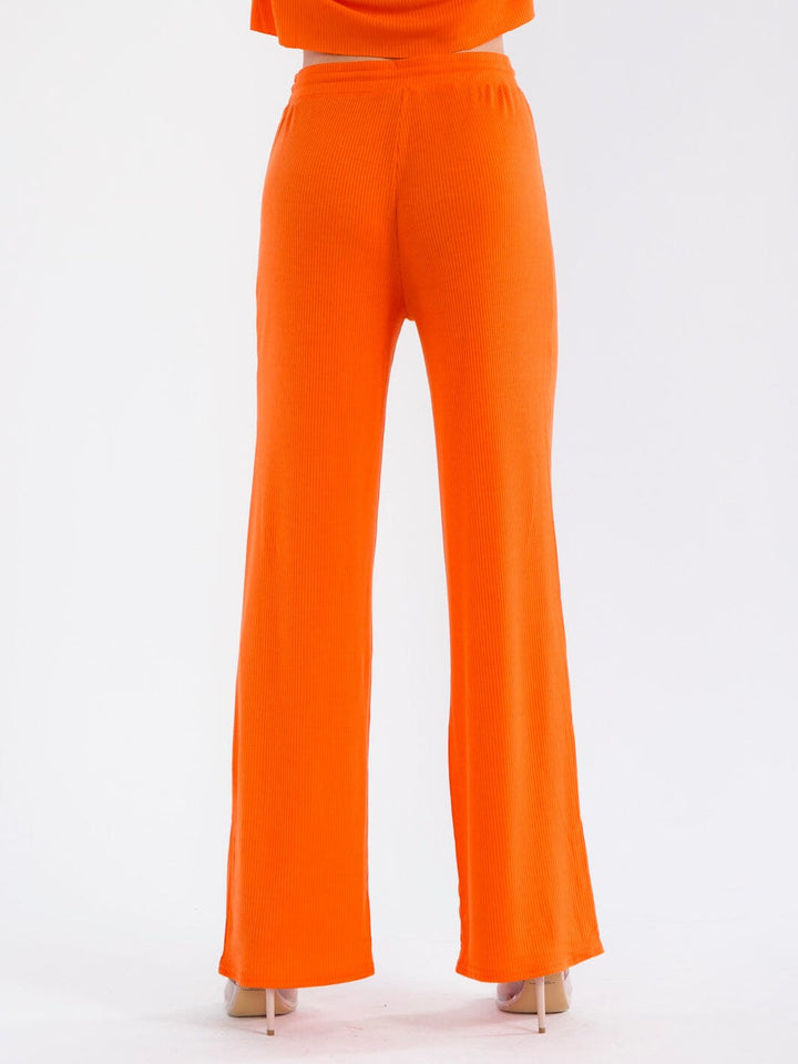 WOMEN'S ELASTIC WAIST SELF TIE RIBBED WIDE LEG PANTS