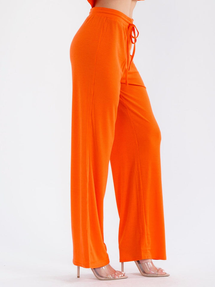 WOMEN'S ELASTIC WAIST SELF TIE RIBBED WIDE LEG PANTS