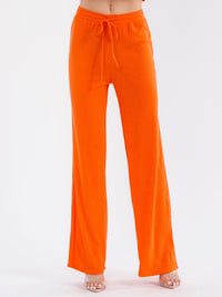 WOMEN'S ELASTIC WAIST SELF TIE RIBBED WIDE LEG PANTS