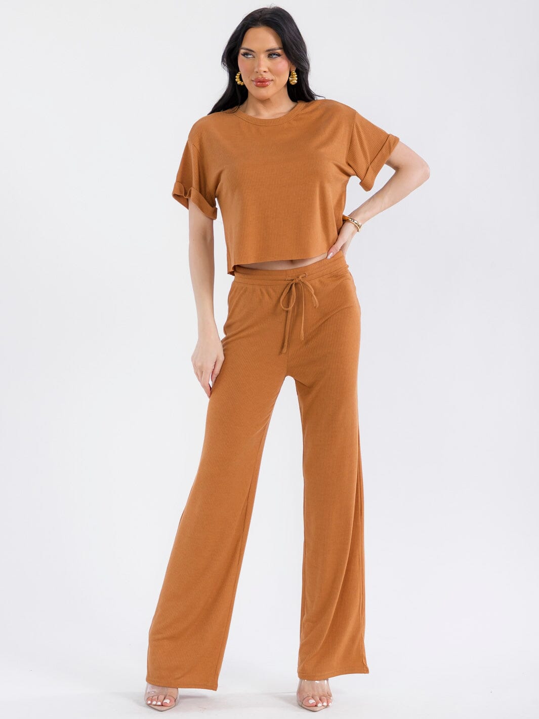 WOMEN'S ELASTIC WAIST SELF TIE RIBBED WIDE LEG PANTS