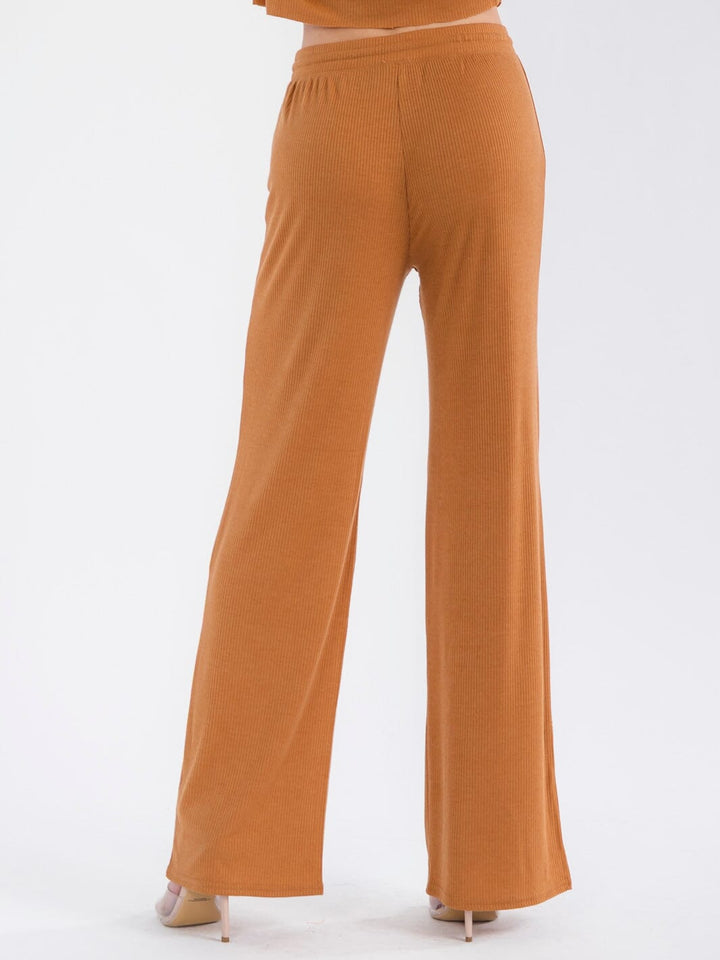 WOMEN'S ELASTIC WAIST SELF TIE RIBBED WIDE LEG PANTS