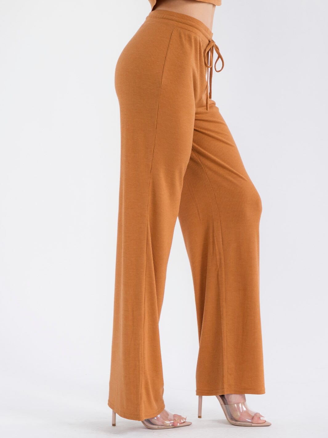 WOMEN'S ELASTIC WAIST SELF TIE RIBBED WIDE LEG PANTS