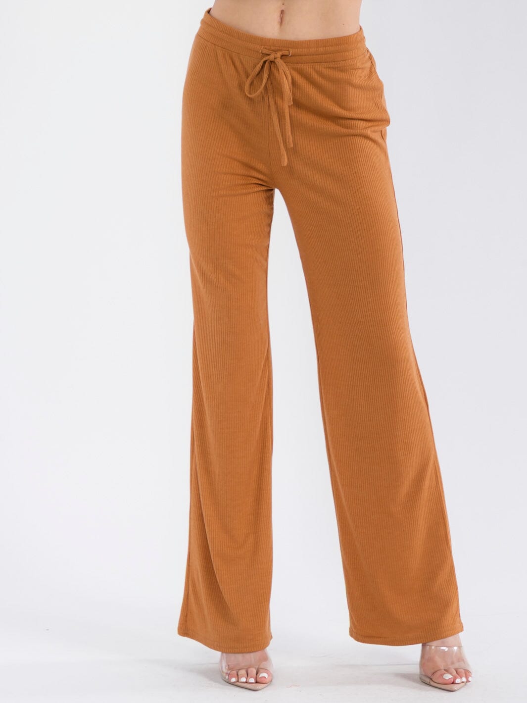 WOMEN'S ELASTIC WAIST SELF TIE RIBBED WIDE LEG PANTS