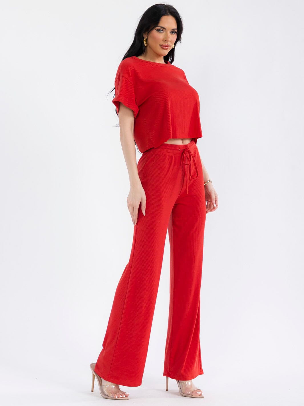 WOMEN'S ELASTIC WAIST SELF TIE RIBBED WIDE LEG PANTS