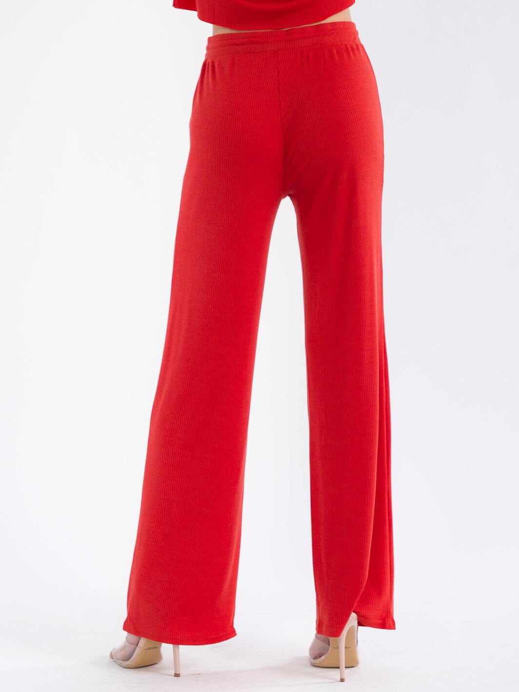 WOMEN'S ELASTIC WAIST SELF TIE RIBBED WIDE LEG PANTS