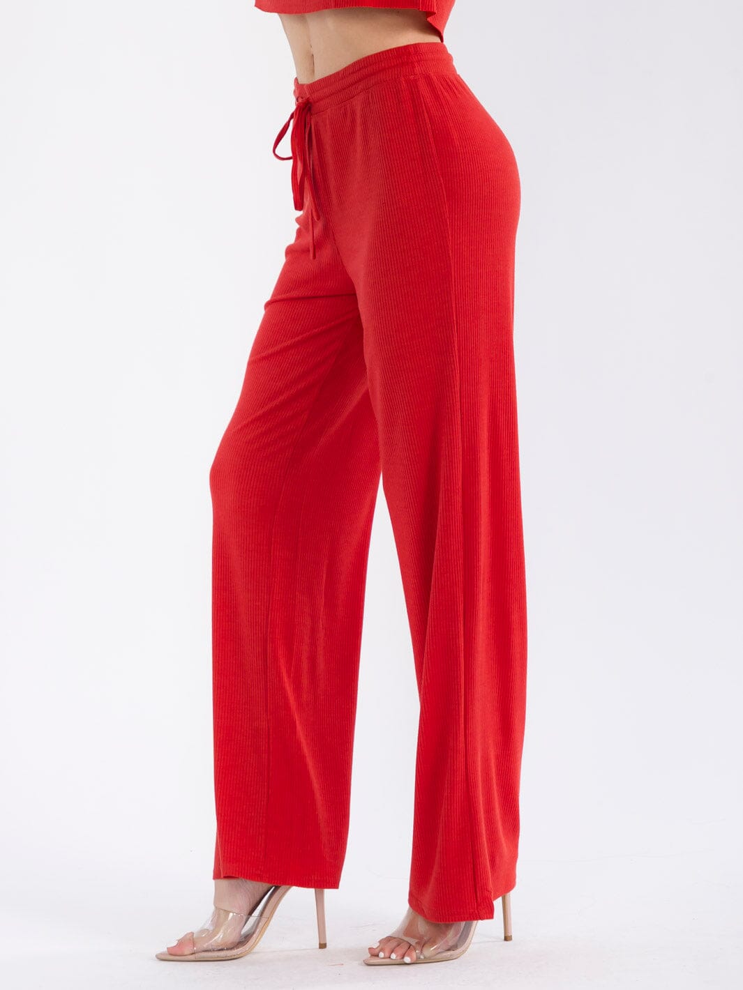 WOMEN'S ELASTIC WAIST SELF TIE RIBBED WIDE LEG PANTS