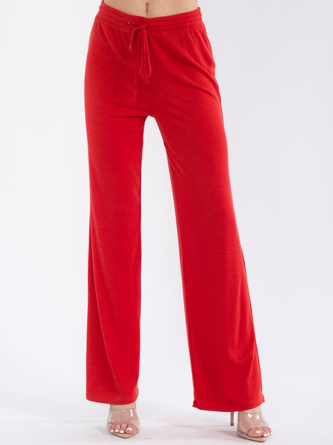 WOMEN'S ELASTIC WAIST SELF TIE RIBBED WIDE LEG PANTS