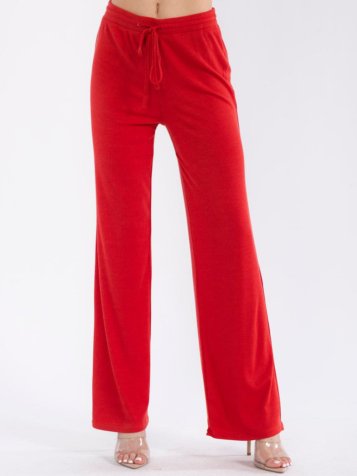 WOMEN'S ELASTIC WAIST SELF TIE RIBBED WIDE LEG PANTS