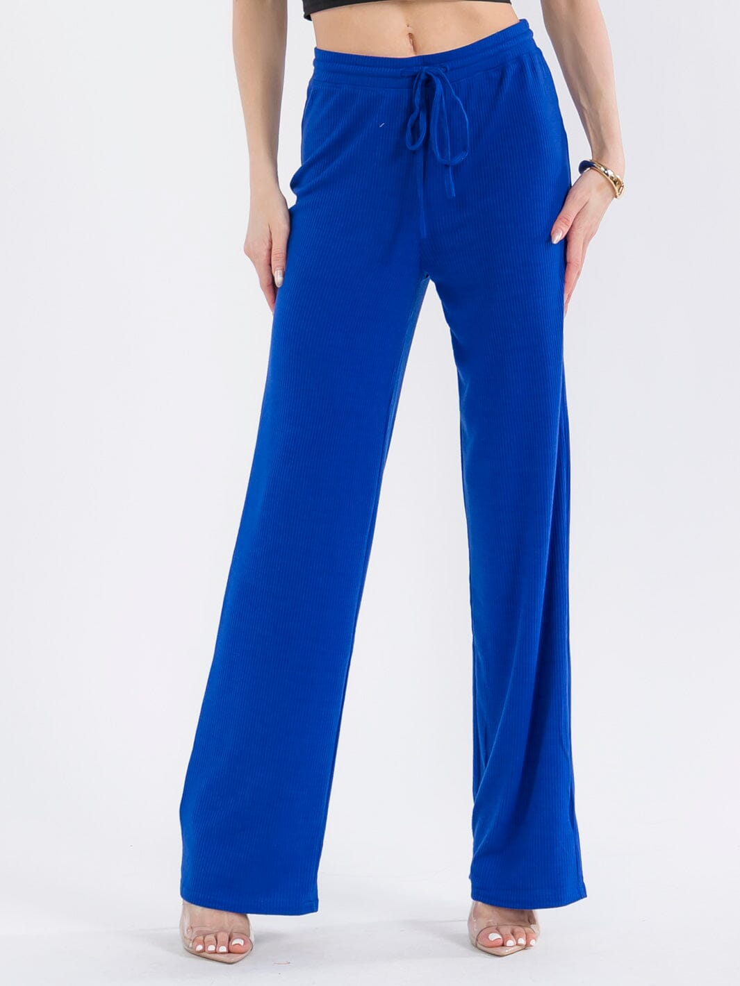 WOMEN'S ELASTIC WAIST SELF TIE RIBBED WIDE LEG PANTS