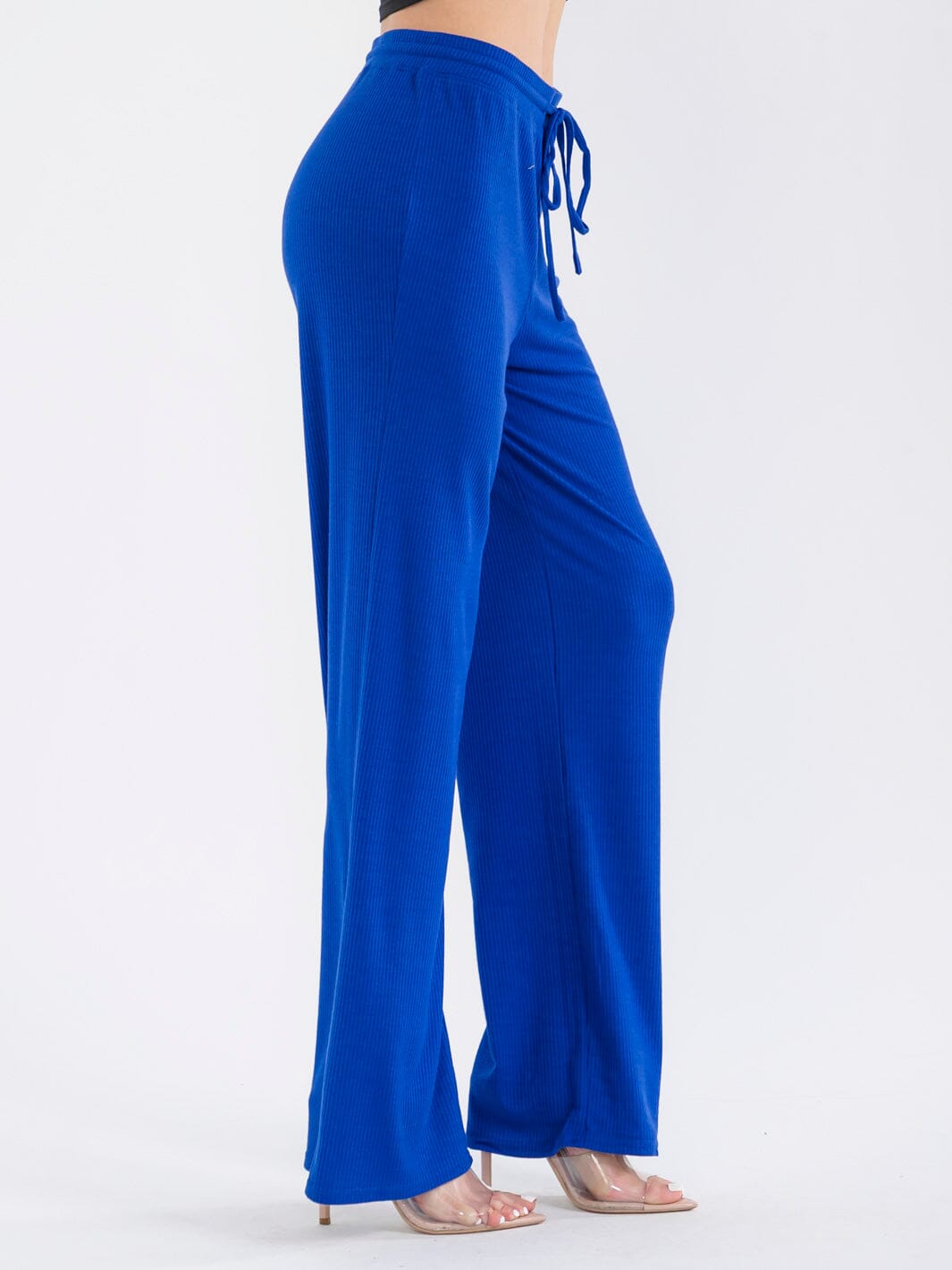 WOMEN'S ELASTIC WAIST SELF TIE RIBBED WIDE LEG PANTS