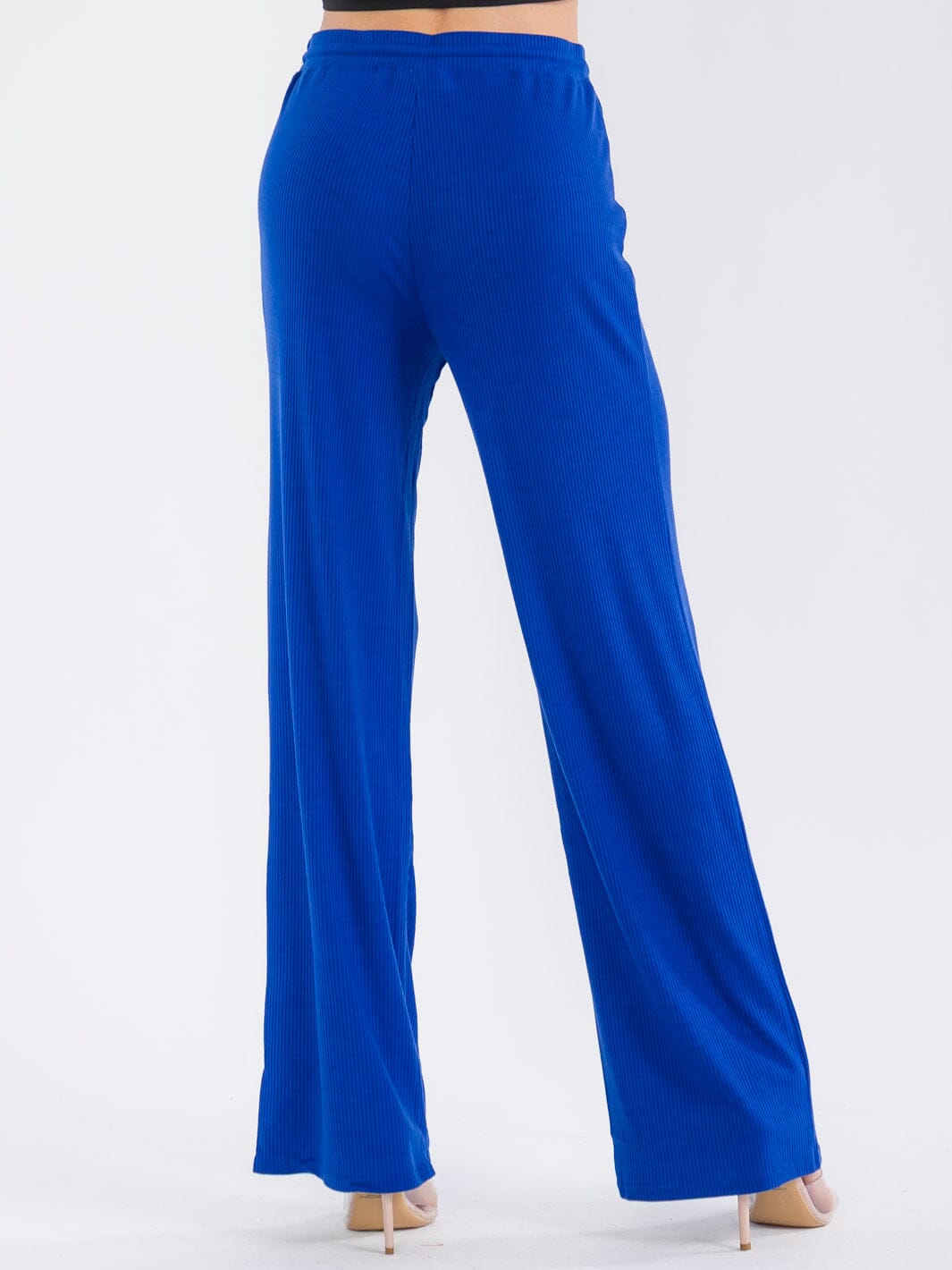 WOMEN'S ELASTIC WAIST SELF TIE RIBBED WIDE LEG PANTS