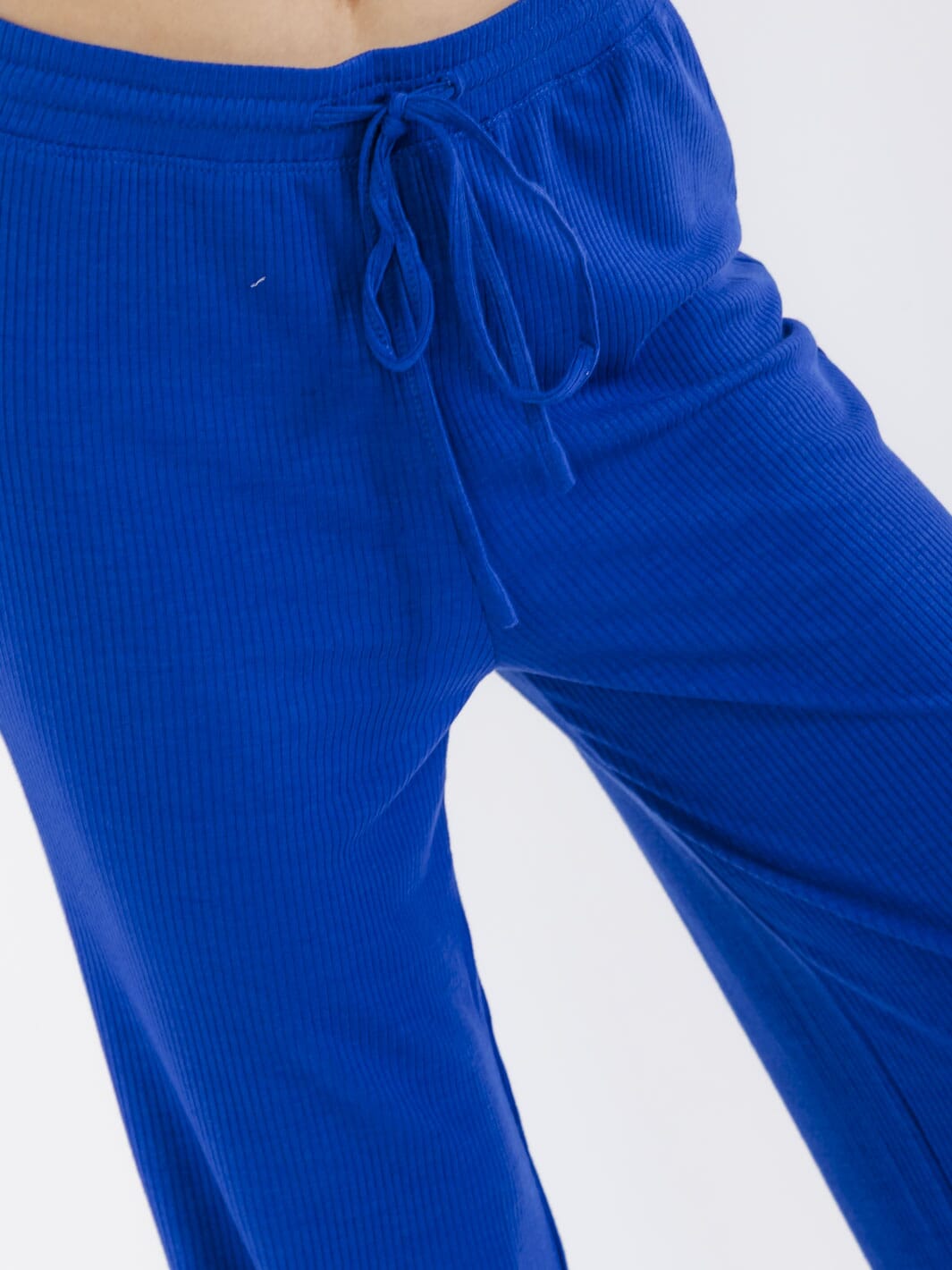 WOMEN'S ELASTIC WAIST SELF TIE RIBBED WIDE LEG PANTS