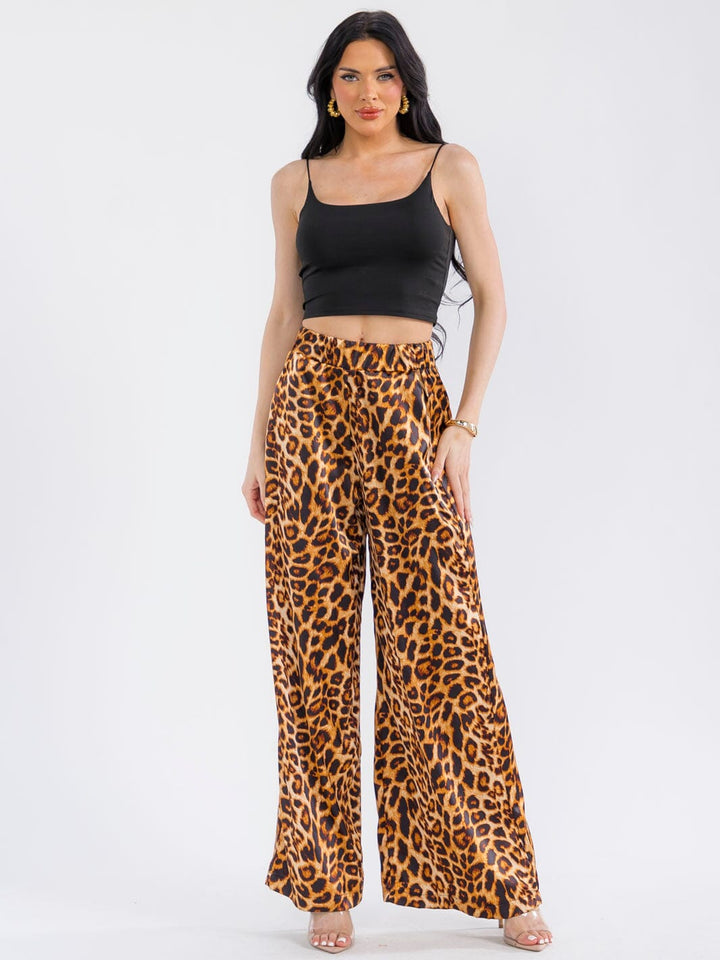 WOMEN'S ELASTIC WAIST POCKETS ANIMAL PRINT WIDE LEG PANTS